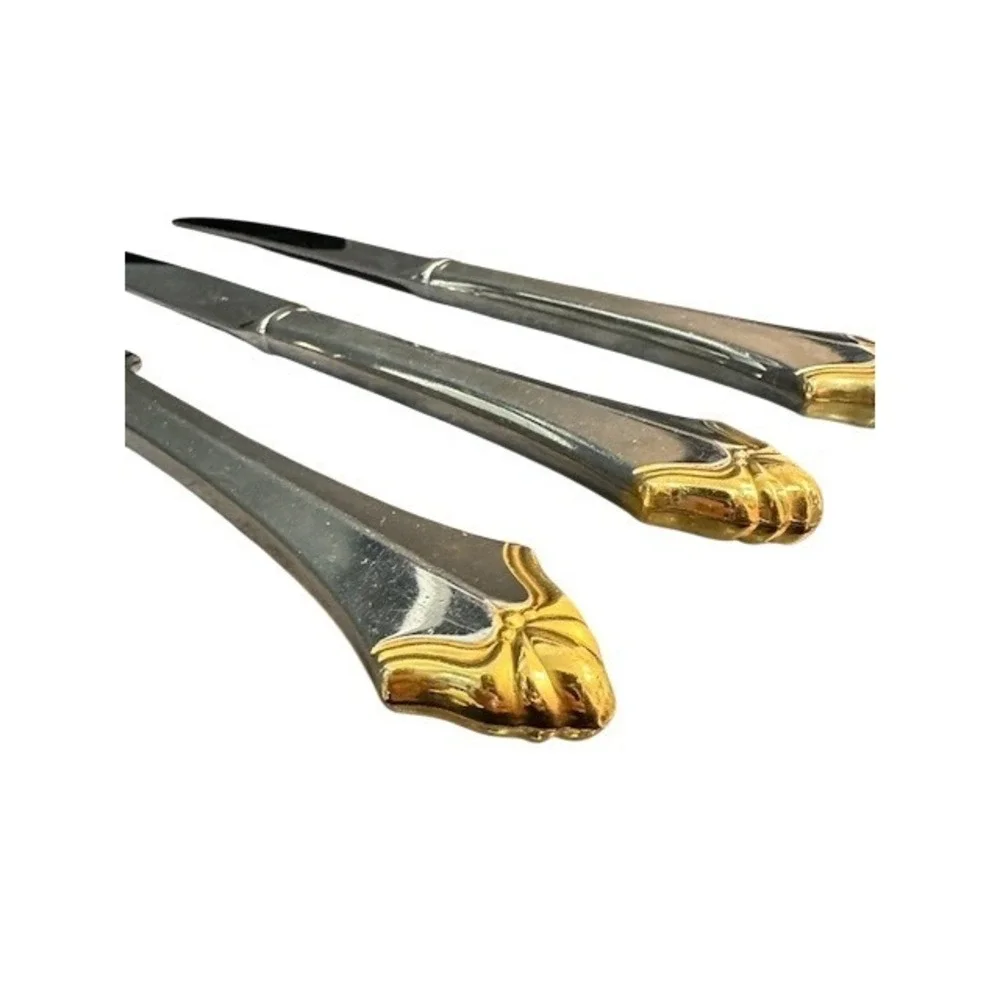 Vintage  Oneida‎ Kenwood Two Tone Silver and Gold Accent Dinner Knives Set of 3